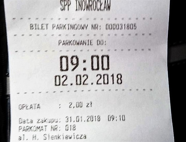 Oto dowód. Bilet za dwa złote, nabyty 31 stycznia, ważny do godz. 9 w dniu 2 lutego