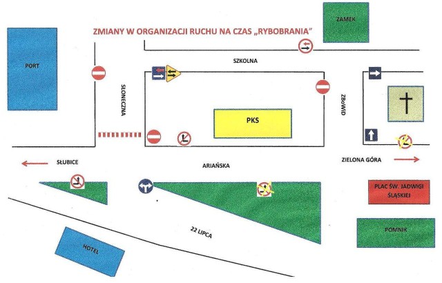 Mapa organizacji ruchu podczas "Rybobrania" w Krośnie Odrz.