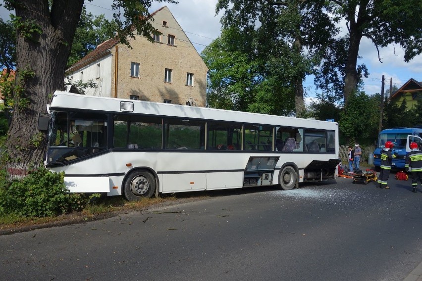 Wypadek w Zarębie pod Lubaniem. Autobus wjechał w drzewo, 22 osoby ranne 