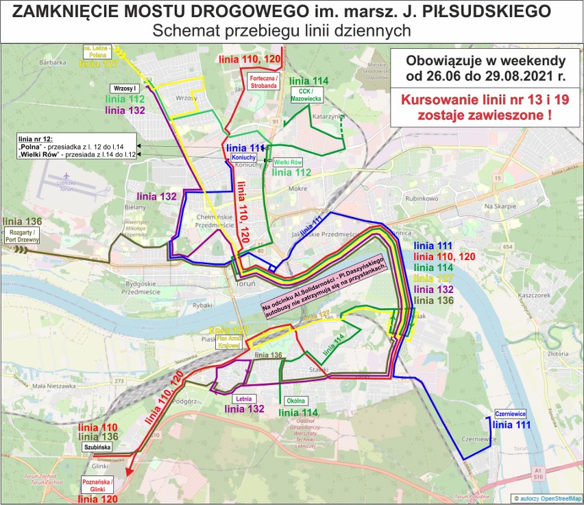 Zamknięty most w Toruniu. Wszystko, co trzeba wiedzieć [mapki, godziny, daty]