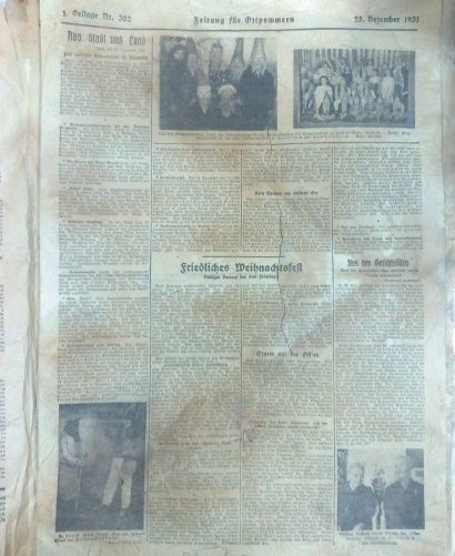 Relacja ze świąt na pożółkłej stronie słupskiej gazety z 1931 roku. Zdjęcia ukazują m.in. poprzebieranychówczesnych kolędników. Na Pomorzu chodzili z "niedźwiedziem&#8221;. Dawid Gonciarz: &#8211; Ten niedźwiedź byłsymbolem przejścia ze starego w nowy rok.