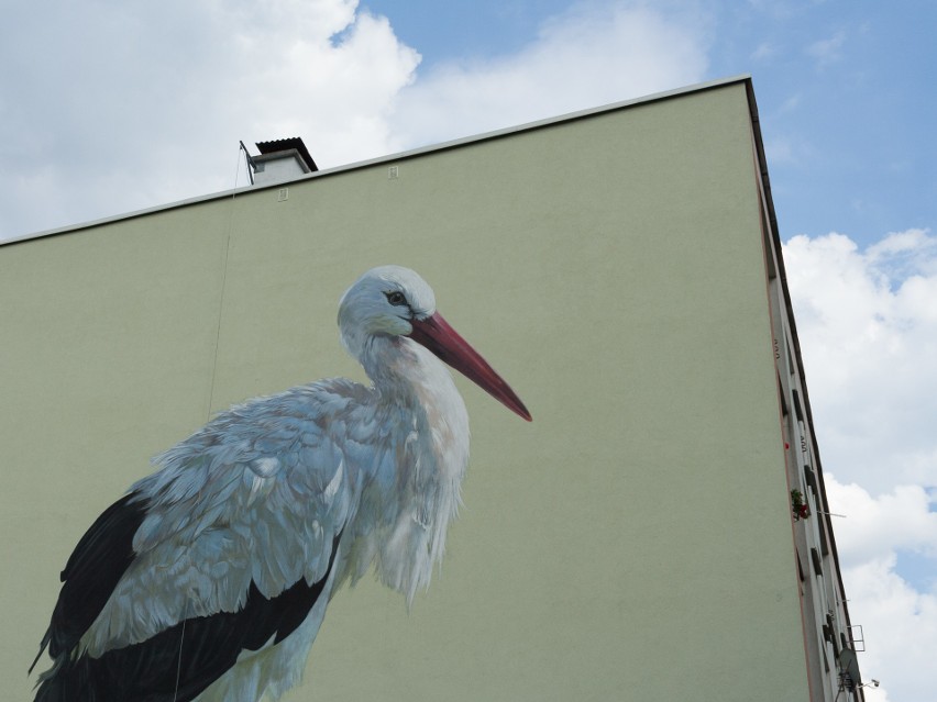 Kraków. Mural z bocianem ozdobił kolejny blok na ul. Wlotowej [ZDJĘCIA]