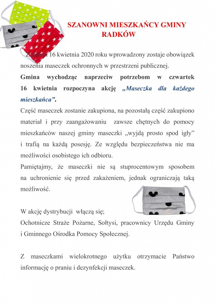 Koronawirus. W gminie Radków bezpłatne maseczki ochronne dla wszystkich mieszkańców