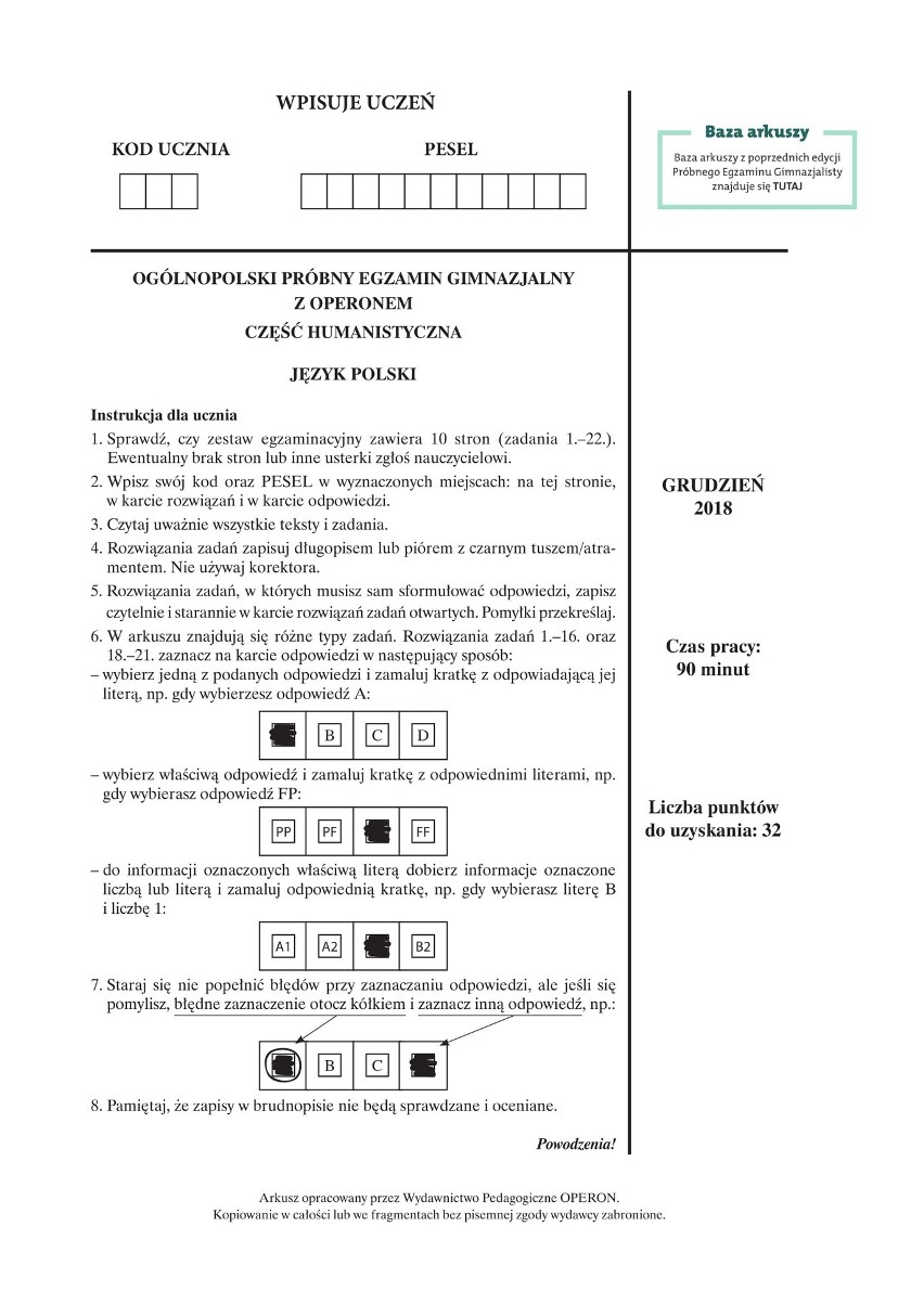 Próbny egzamin gimnazjalny 2018. JĘZYK POLSKI - arkusze zadań i klucz odpowiedzi