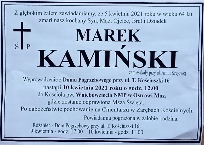 Zmarł Marek Kamiński, wieloletni radny Rady Powiatu w Ostrowi Mazowieckiej. Uroczystości pogrzebowe 10.04.2021