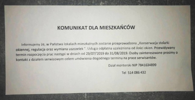 Ogłoszenia takiej treści pojawiły na klatkach schodowych na toruńskich osiedlach