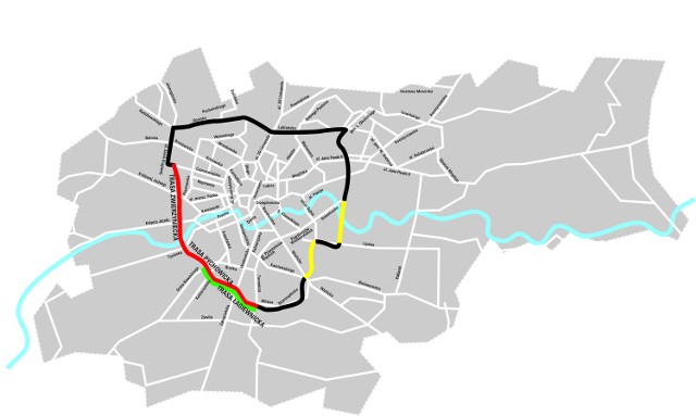 Kolor czarny: istniejące trasy. Czerwony: brakujące: Łagiewnicka (zielony), Pychowicka i Zwierzyniecka. Żółty: inne brakujące trasy.