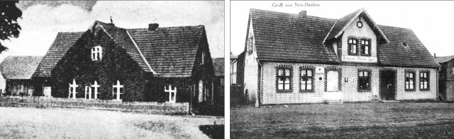 Po lewej: Budynek szkoły w Pałowie na fotografii sprzed 1945 roku. Po prawej: Gospoda Wilhelma Sperra w Pałówku na karcie pocztowej z lat międzywojennych XX wieku.