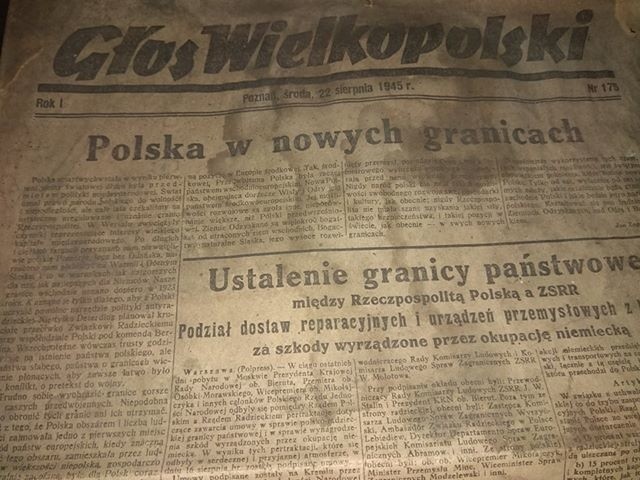 Jeden z naszych Czytelników Arek Czaczyk znalazł u siebie egzemplarz "Głosu Wielkopolskiego" z 22 sierpnia 1945 r. Przypomnijmy, że gazeta zaczęła się ukazywać zaledwie pół roku wcześniej. O czym wtedy pisał "Głos"? M.in. o u ustaleniu nowych granic państwa polskiego, dożynkach z udziałem premiera i apelu do wielkopolskich rolników.  Zobacz "Głos Wielkopolski" z 22 sierpnia 1945 r. ----> 
