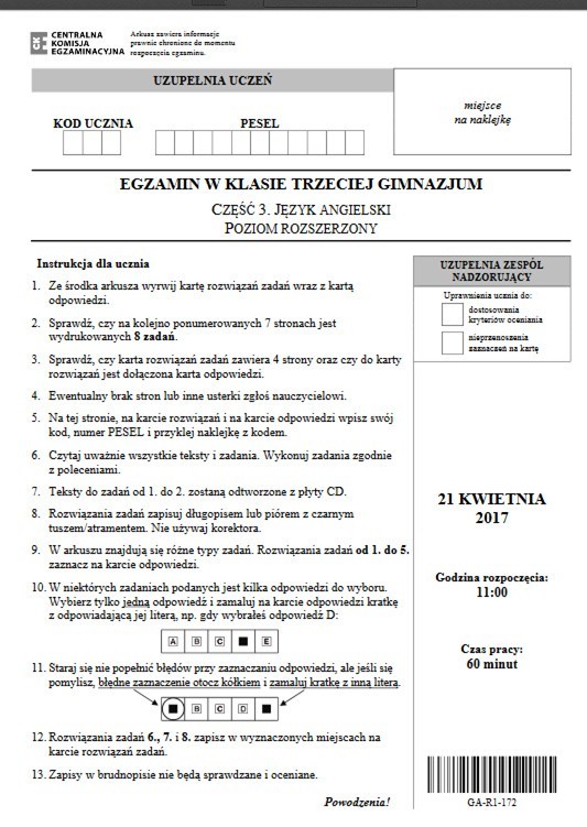 Egzamin gimnazjalny Angielski rozszerzony 2017 (Arkusz,...