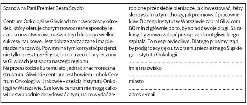 Petycja w sprawie powstania Śląskiego Instytutu Onkologii