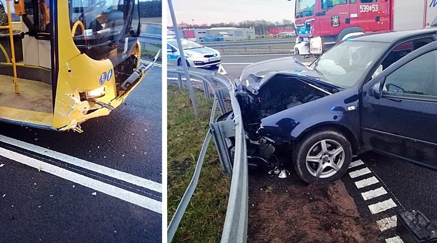 Na węźle Motaniec samochód osobowy zderzył się z miejskim autobusem