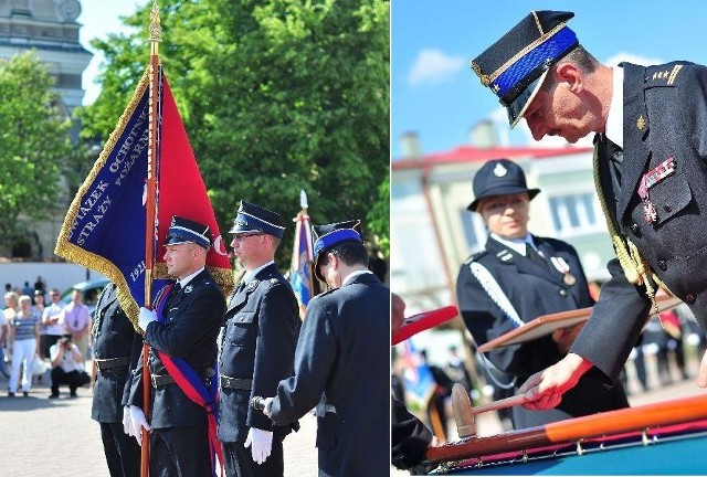 Tarnobrzescy strażacy &#8211; ochotnicy po odebraniu sztandaru Ochotniczych Straży Pożarnych w Tarnobrzegu. Pamiątkowy gwóźdź do sztandaru Ochotniczych Straży Pożarnych w Tarnobrzegu przybija starszy brygadier Bogdan Kuliga, komendant Komendy Wojewódzkiej Państwowej Straży Pożarnej w Rzeszowie.