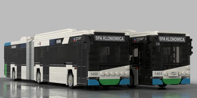 Dwa elektryczne autobusy przegubowe Solaris Urbino 18 Electric to najnowsze nabytki SPAK. Powstały repliki pojazdów w wersji klockowej.