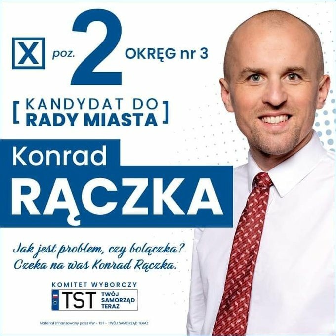 Konrad Rączka reklamuje się wierszykiem "Jest problem czy...