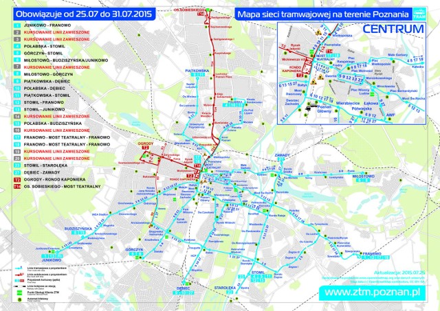 Trasy tramwajowe na terenie Poznania podczas remontów - 25-31 lipca 2015