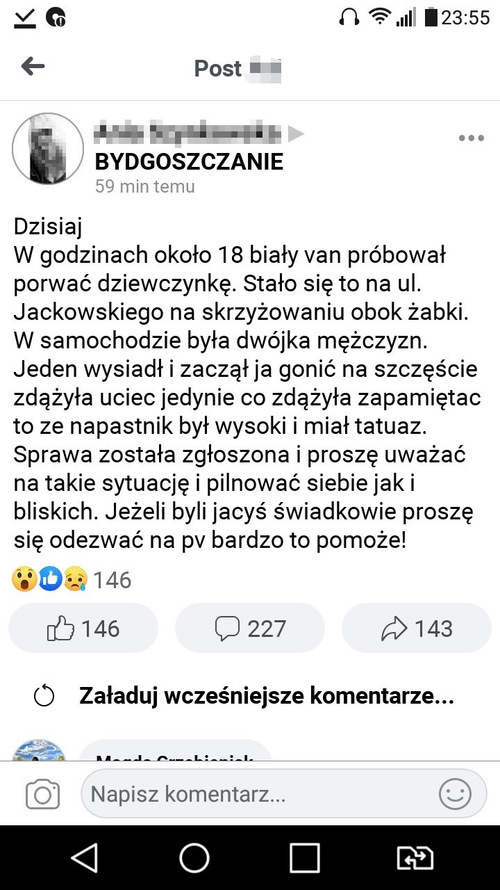 Próba porwania 13-latki na Okolu w Bydgoszczy? Matka dziewczynki przestrzega rodziców i młodzież