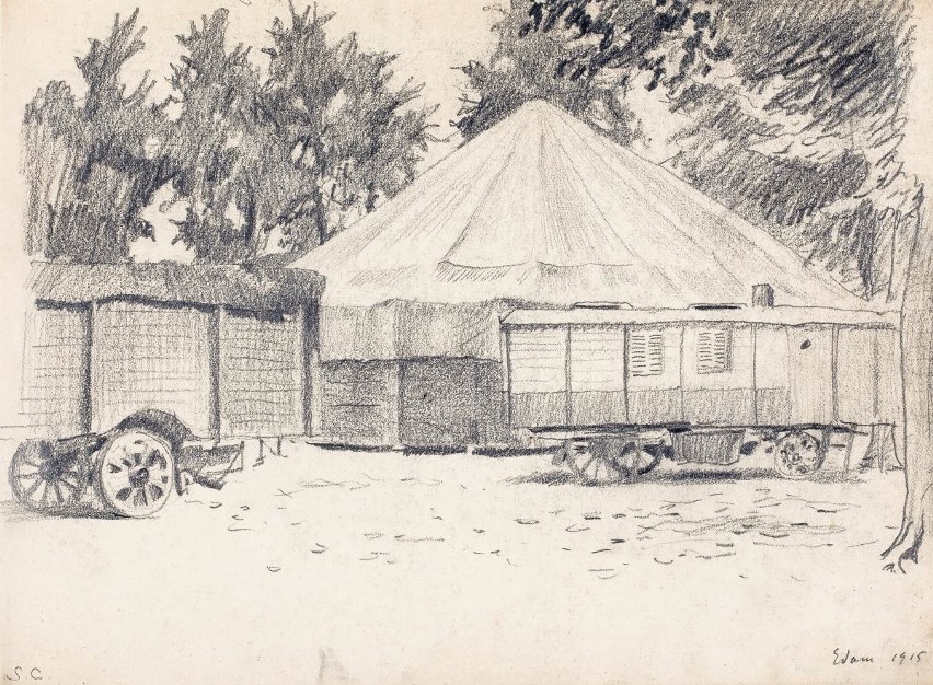 Stanisław Czajkowski,  Namiot i wozy cyrkowe w Edam, 1915 r.