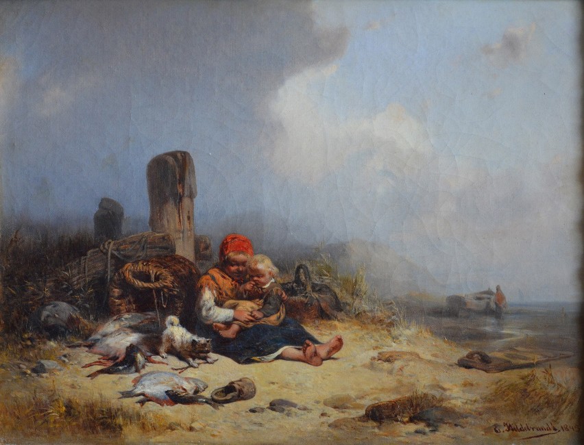 "Dzieci z kotem na plaży" Eduarda Hildebrandta (olej,...