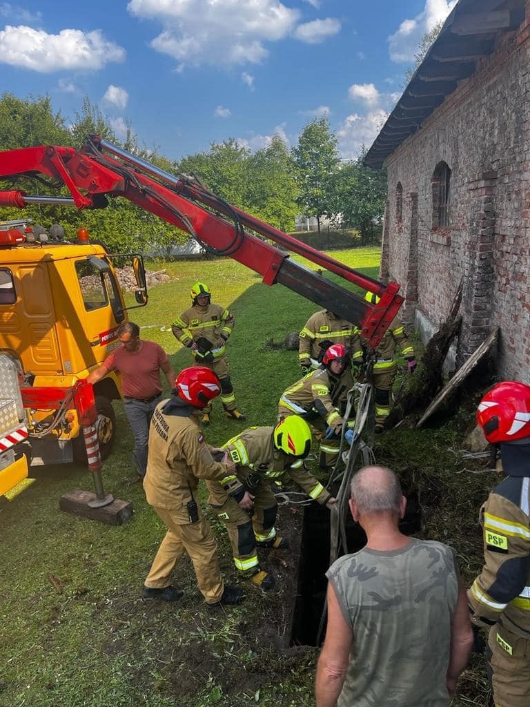 Niezwykła akcja ratunkowa w Kośminie, w gminie Grójec. Strażacy ratowali konia, który wpadł do głębokiego zbiornika z wodą