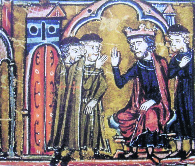 Król Baldwin II przekazuje Świątynię Jerozolimską Hugonowi de Payens (miniatura z trzynastowiecznego rękopisu kroniki Wilhelma z Tyru)