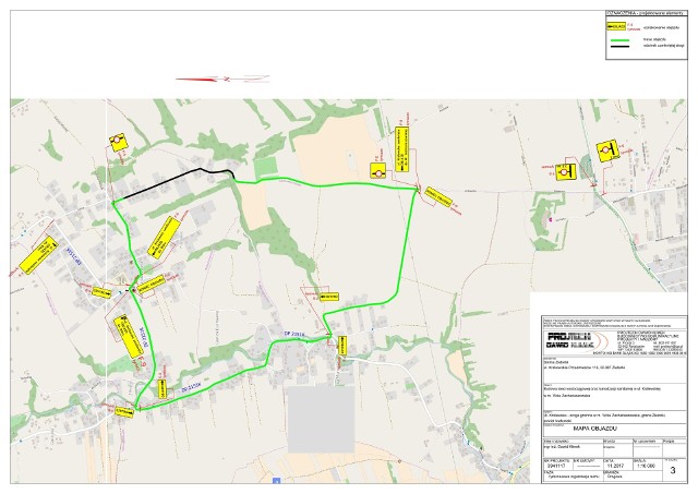 Na mapce kolorem czarnym zaznaczono zamknięty fragment drogi, a kolorem zielonym objazd