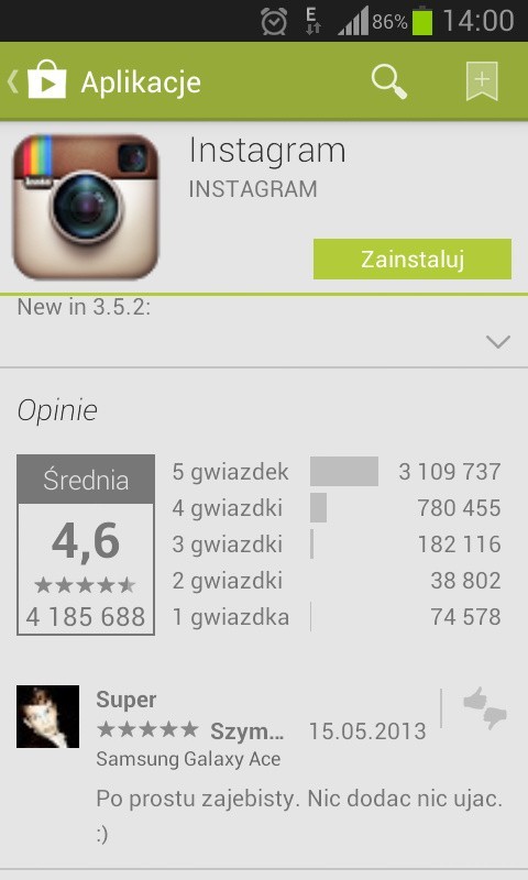 Nasz test przeprowadzamy na telefonie Samsung SIII mini z systemem Android. Na początek szukamy w sklepie Play aplikacji. Po wpisaniu w wyszukiwarkę "Instagram" znajduje nam tylko jeden, właściwy program. Ma 15 MB wielkości, ściągamy ją na pulpit.Instagram jest programem, który ma być wersją mobilną programów do obrabiania zdjęć.