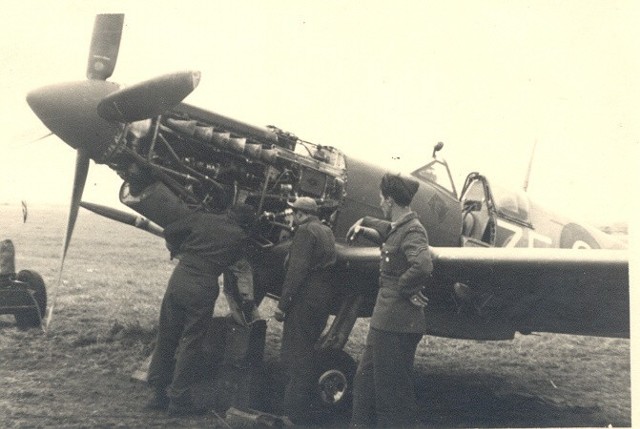 Ryszard Kwiatkowski, dziadek Jacka Mainki (w czapce z daszkiem) podczas obsługi spitfire'a Mk IX.