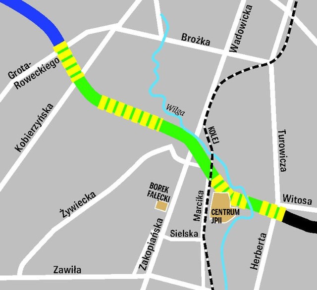 Planowany przebieg Trasy Łagiewnickiej. Przerywany żółty kolor - tunele