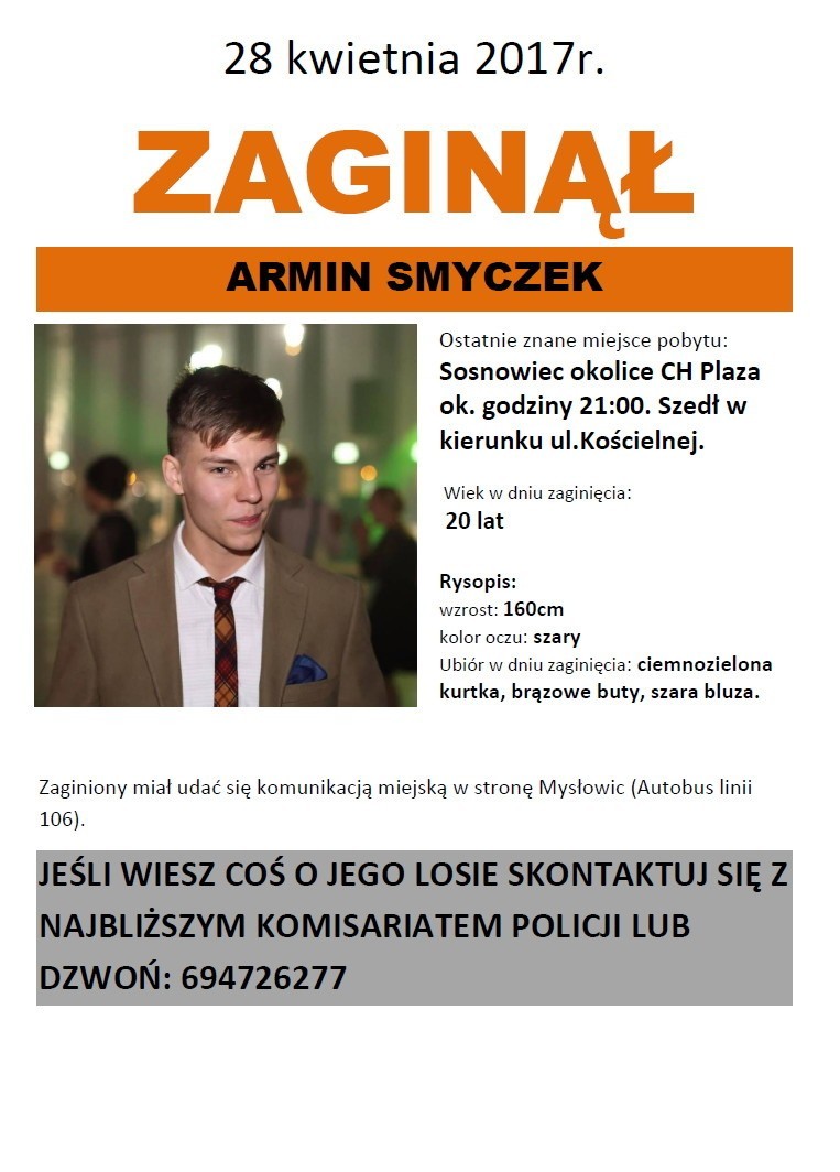 Mysłowice, Sosnowiec: Zaginiony Armin Smyczek