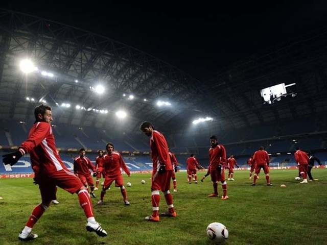 Piłkarze Sportingu Braga podczas treningu na stadionie Lecha Poznań