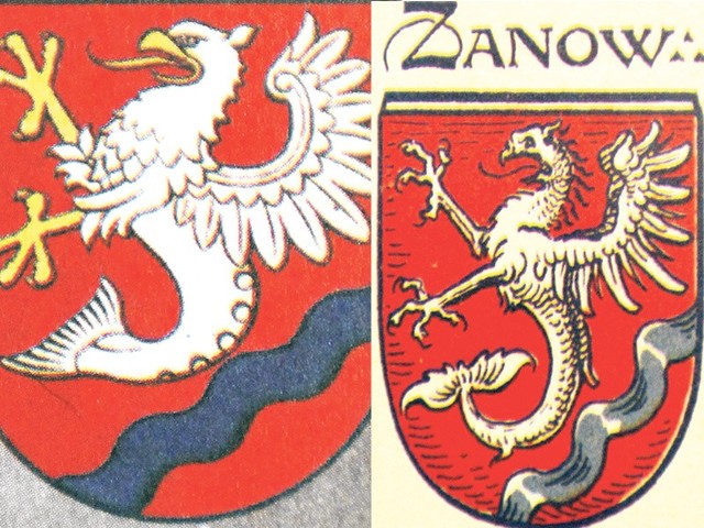 Herb Sianowa według Ottona Huppa  (z lewej) Herb Sianowa według Mariana Czernera, "Herby miast województwa koszalińskiego&#8221;, Koszalin, 1989 r. (z prawej)