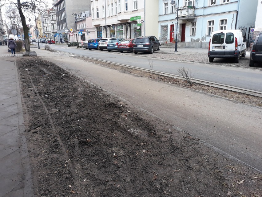 Tak wyglądają rozjeżdżone tereny zielone przy ulicy...