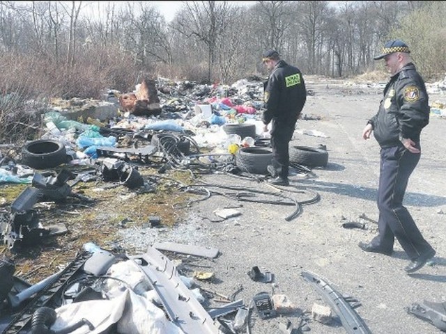 Strażnicy miejscy przeglądają sterty odpadów w poszukiwaniu śladów, które doprowadzą ich do właścicieli.