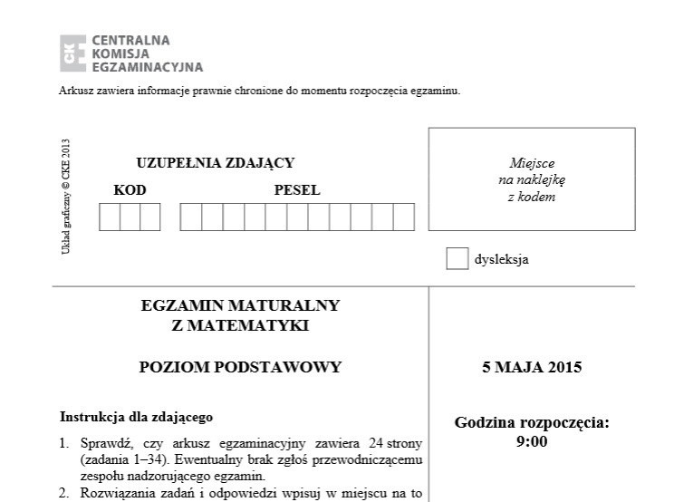 Matura 2015. Matematyka, poziom podstawowy- technikum [ARKUSZE,PYTANIA,ODPOWIEDZI]