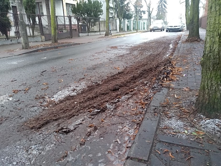 Mieszanina błota i butwiejących liści przy ulicy PCK zalega...