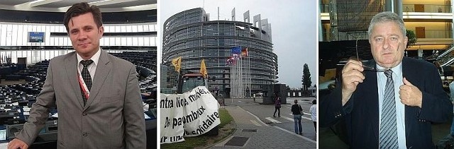 (W środku) Wielki gmach w Strasbourgu wykorzystywany jest tylko przez cztery dni w miesiącu.(Z lewej) - To, co ma się do powiedzenia trzeba przekazać w 1,5 minuty - mówi Jacek Włosowicz (Z prawej) - W Polsce słabo nagłaśniana jest tematyka unijna - narzeka Czesław Siekierski.