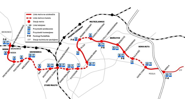 Zaproponowana trasa pierwszej krakowskiej linii metra. Jej łączna długość wynieść miałaby ok. 20 kilometrów i biec z Nowej Huty do Bronowic