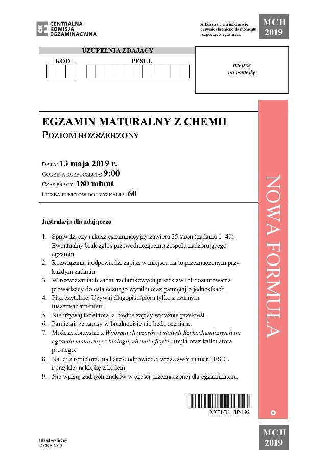 Matura 2019: Chemia poziom rozszerzony. Odpowiedzi, arkusze CKE, zadaniaChemia: Zobacz kolejne strony arkusza CKE i odpowiedzi --->