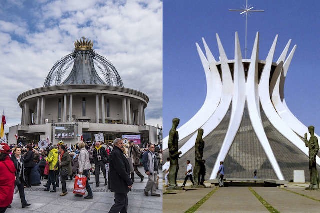 Kościół jak korona. Z lewej  po toruńsku, z prawej - brazylijsku: katedra w Brasilii, Oskara Niemeyera, sprzed pół wieku