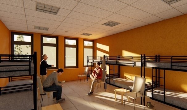 Projekt pokoju dziennego/sypialni dla osób korzystających z ośrodka- wizualizacja.
