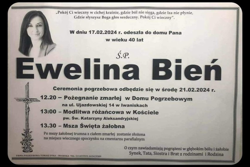 Pogrzeb Eweliny Bień, byłej radnej Sejmiku Województwa Świętokrzyskiego w środę, 21 lutego w Iwaniskach