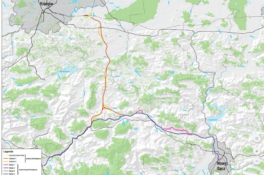Warianty planowanej trasy Podłęże-Piekiełko