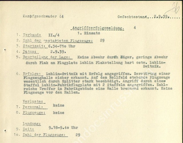 Meldunek II Dywizjonu 4 Pułku (II/4 KG) dot. nalotu na Lublin w dniu 2 września 1939 r., domena publiczna