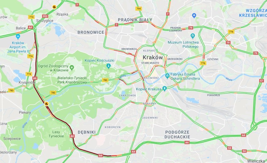 Roboty drogowe i wypadek na A4. Ogromne utrudnienia na obwodnicy Krakowa