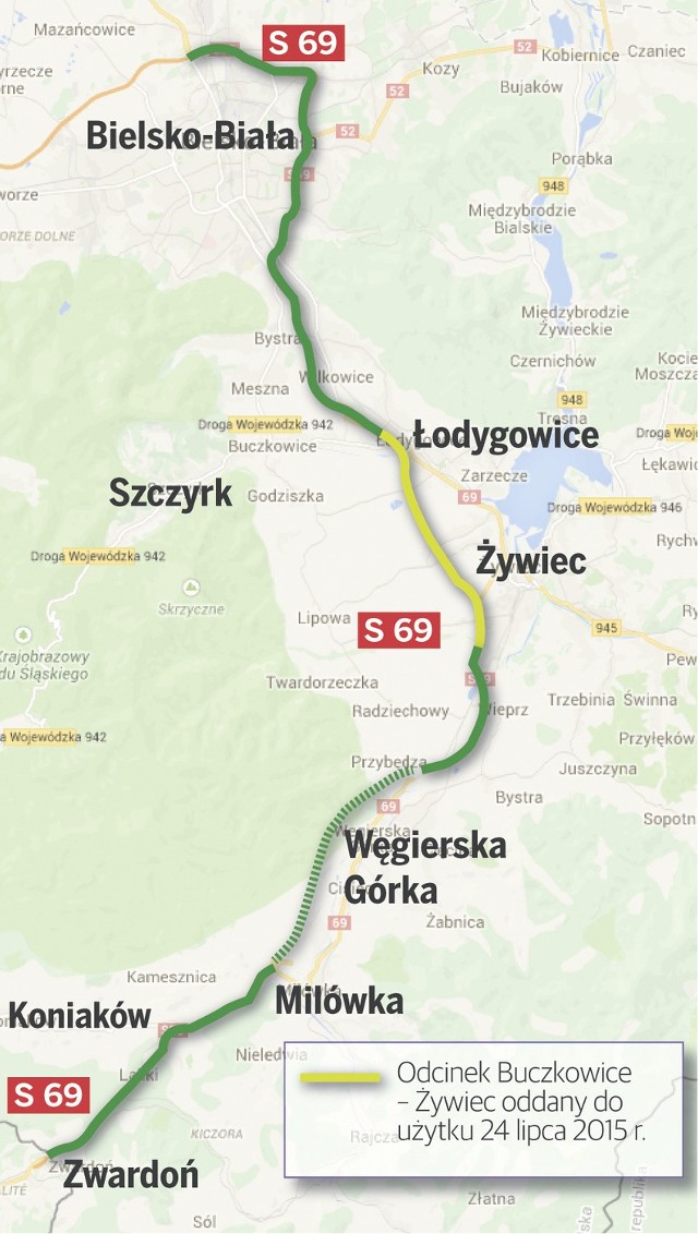 Droga ekspresowa S69 będąca połączeniem między Bielskiem-Białą przez Żywiec aż do Zwardonia, gdzie jest granica państwa ze Słowacją ma łącznie około 48 kilometrów długości