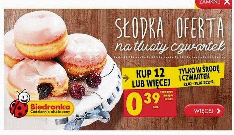 Biedronka ma w ofercie kilka rodzajów pączków i donaty.