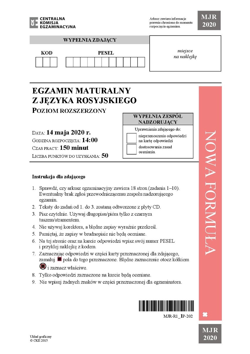 CKE opublikowało arkusz z matury z języka rosyjskiego na...