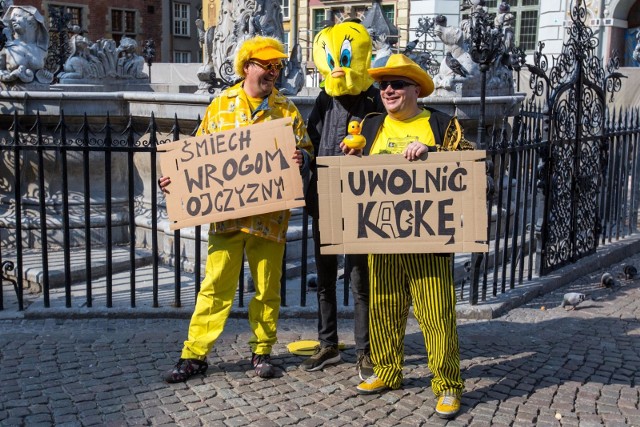 Happening Skiby i Konja Konnaka przed fontanną Neptuna w Gdańsku pt. "Uwolnić gumową kaczkę" [11.04.2018]