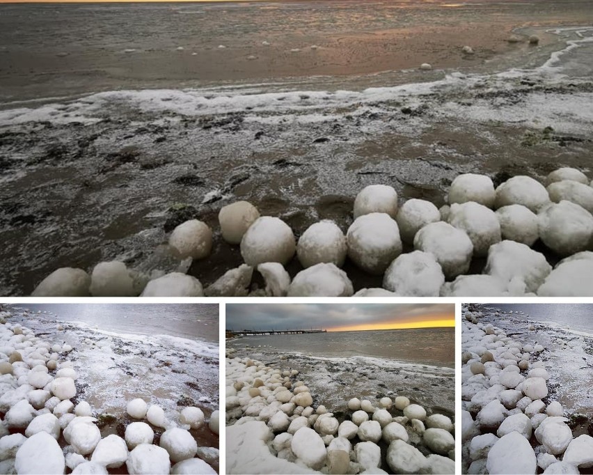 To morszkulce, wielkie lodowe kule na plaży w Jastarni....
